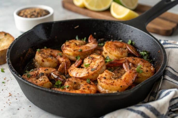 close up of blackened stove top shrimp