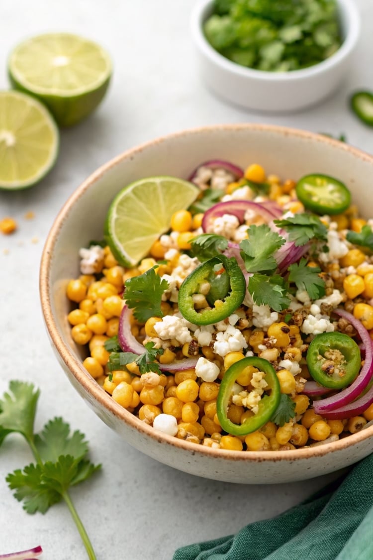 plated street corn salad in a bowl