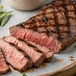 close up of sliced steak on plate