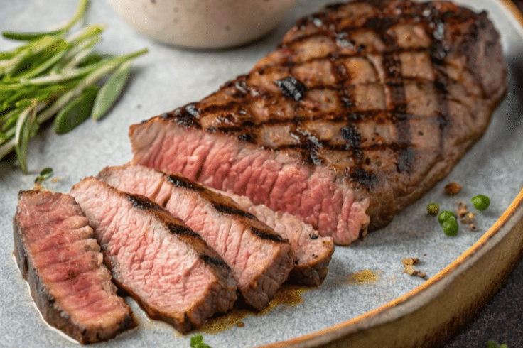 close up of sliced steak on plate
