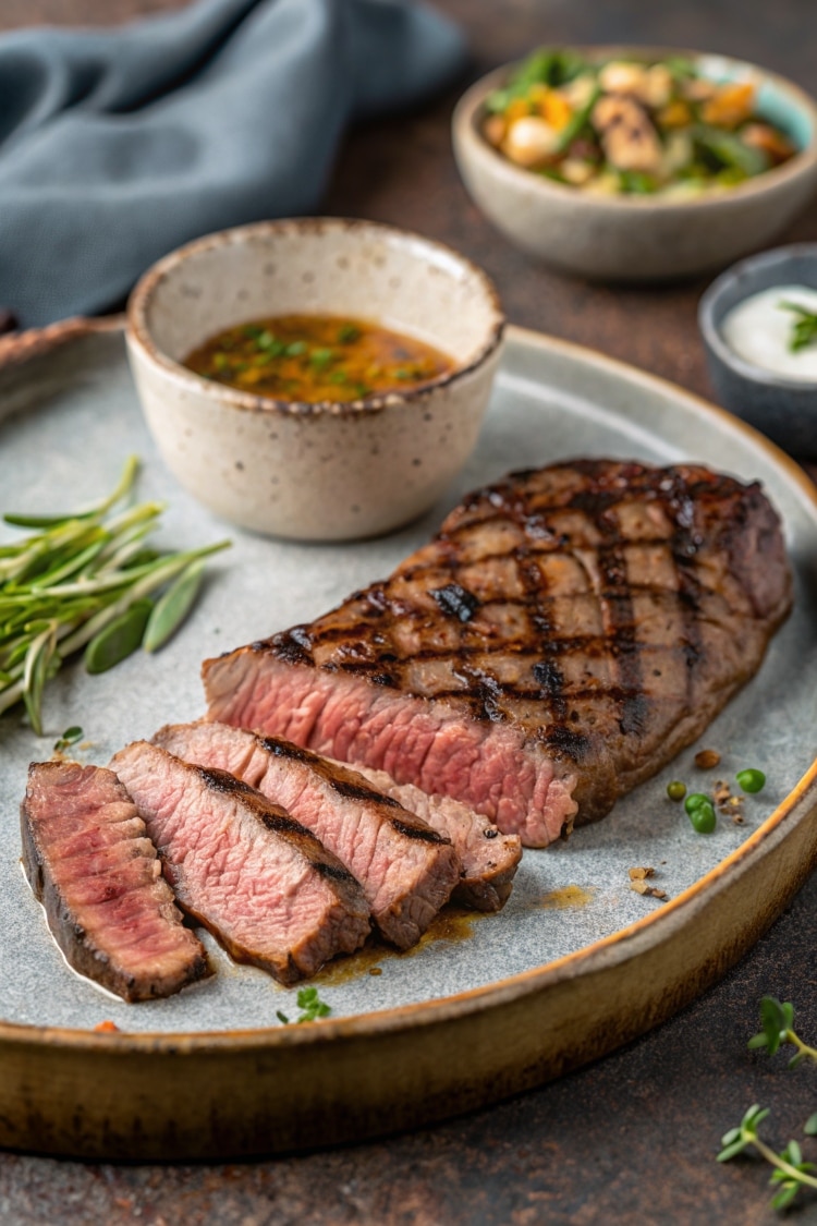 Grilled Flank Steak Plated on serving dish