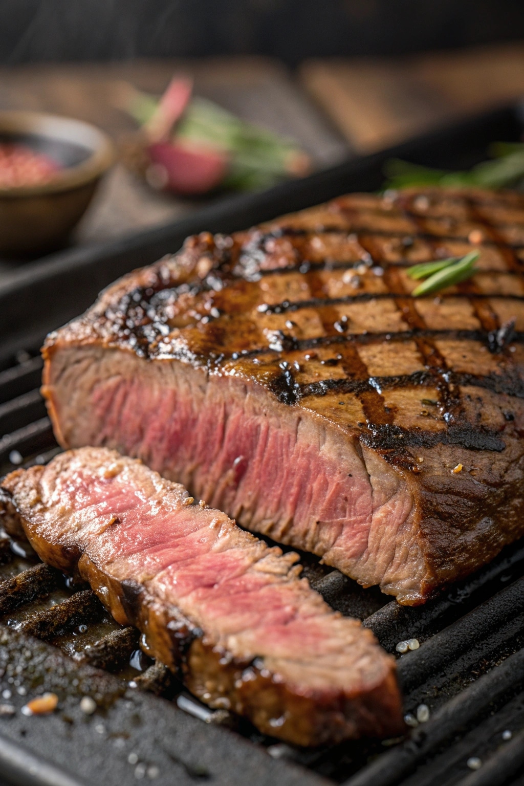 partially sliced steak on the grill 