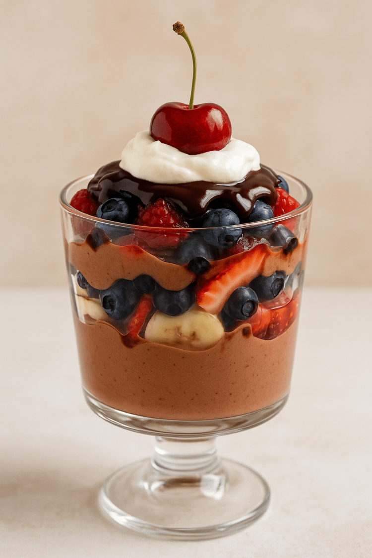 Close up of kid-friendly breakfast sundae with whipped cream and cherry