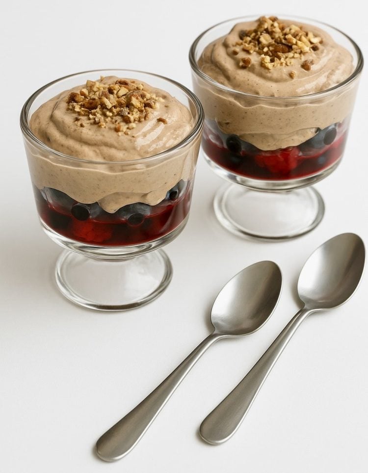 Two healthy breakfast sundaes with two spoons