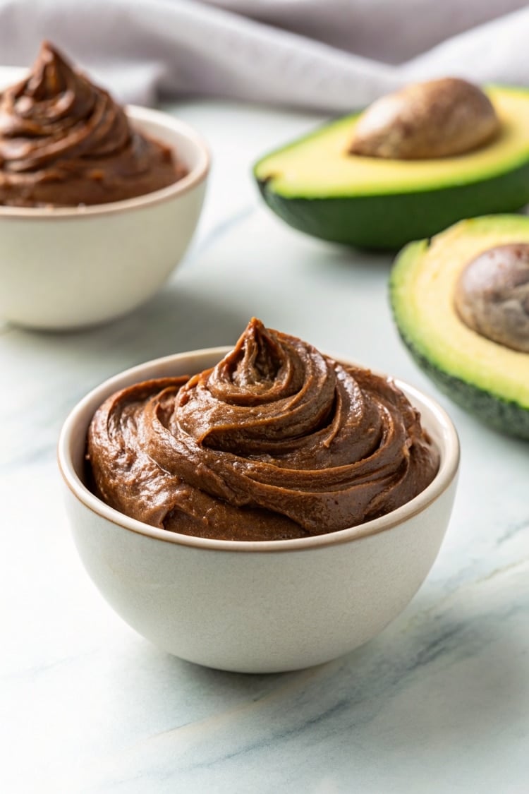 Close up image of healthy avocado mousse in a white ceramic dessert bowl.