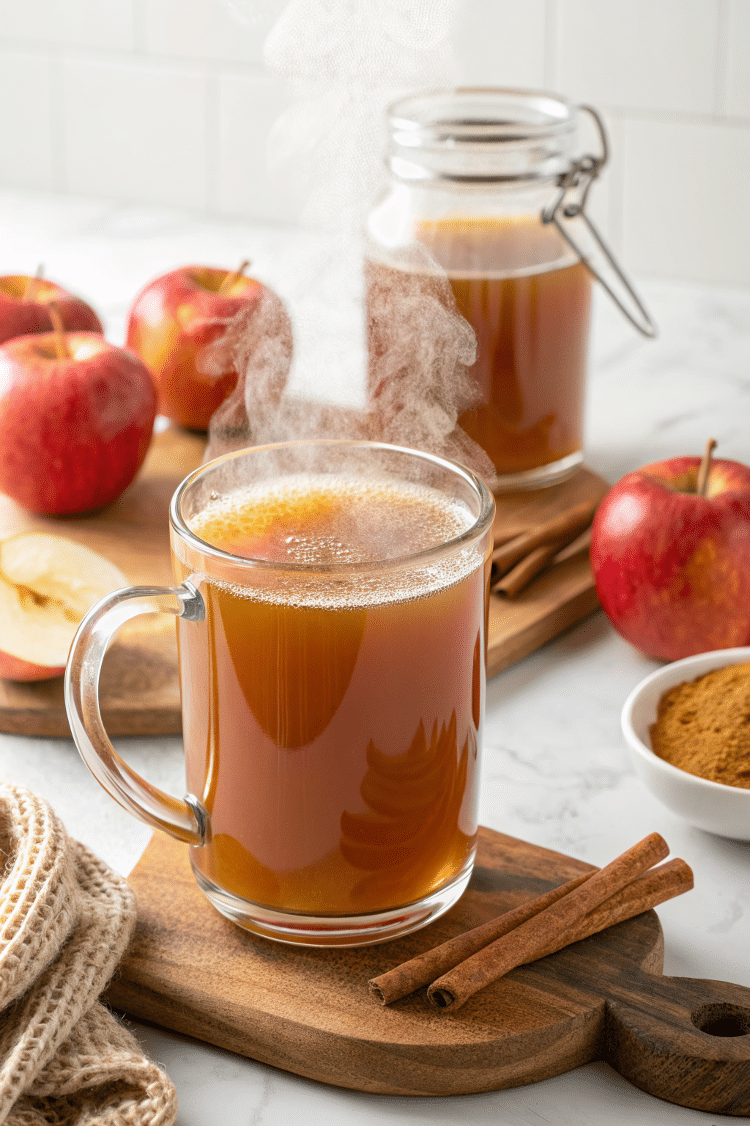 Apple cider in a clear glass mug with steam coming off the top