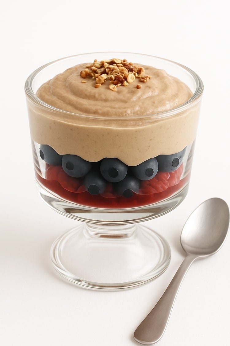 Close up of the high protein breakfast sundae in a glass bowl