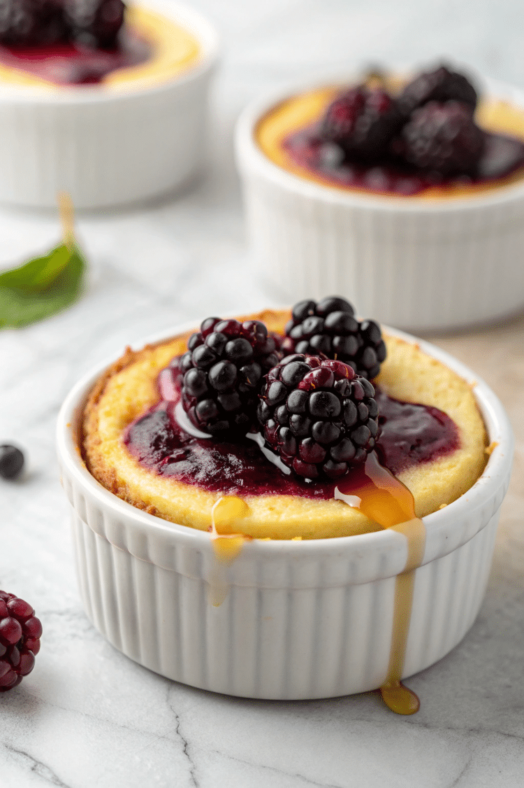 close up image of blackberries and honey on top of cheesecake