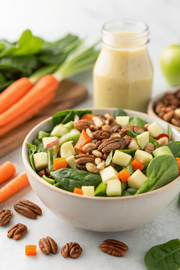All salad ingredients in bowl before adding dressing