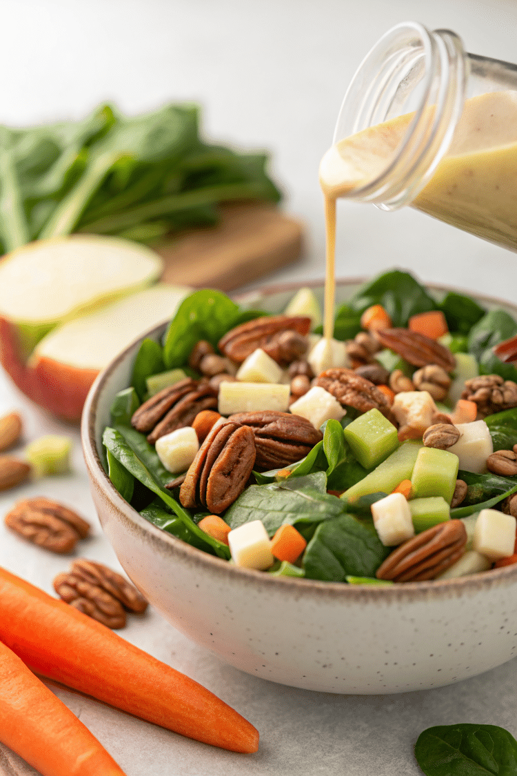 Apple crunch salad with dressing being drizzled on top