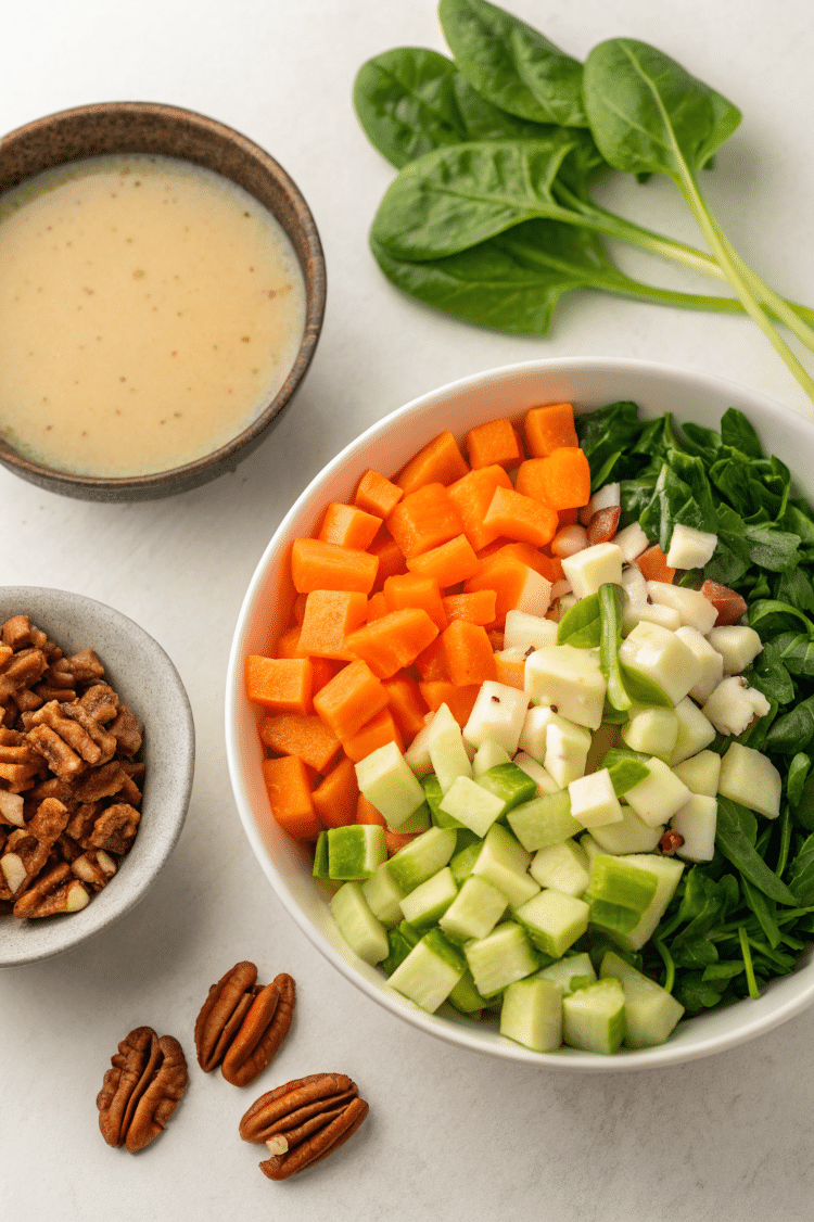 Assembling the ingredients in a white bowl