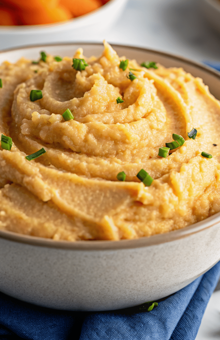 Mashed sweet potato and cauliflower blended in a bowl