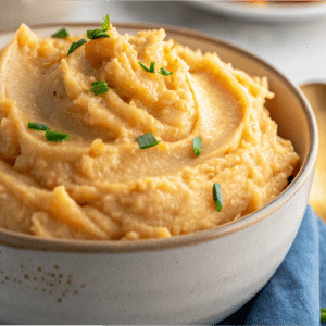 healthy sweet potato cauliflower mash side dish in a bowl