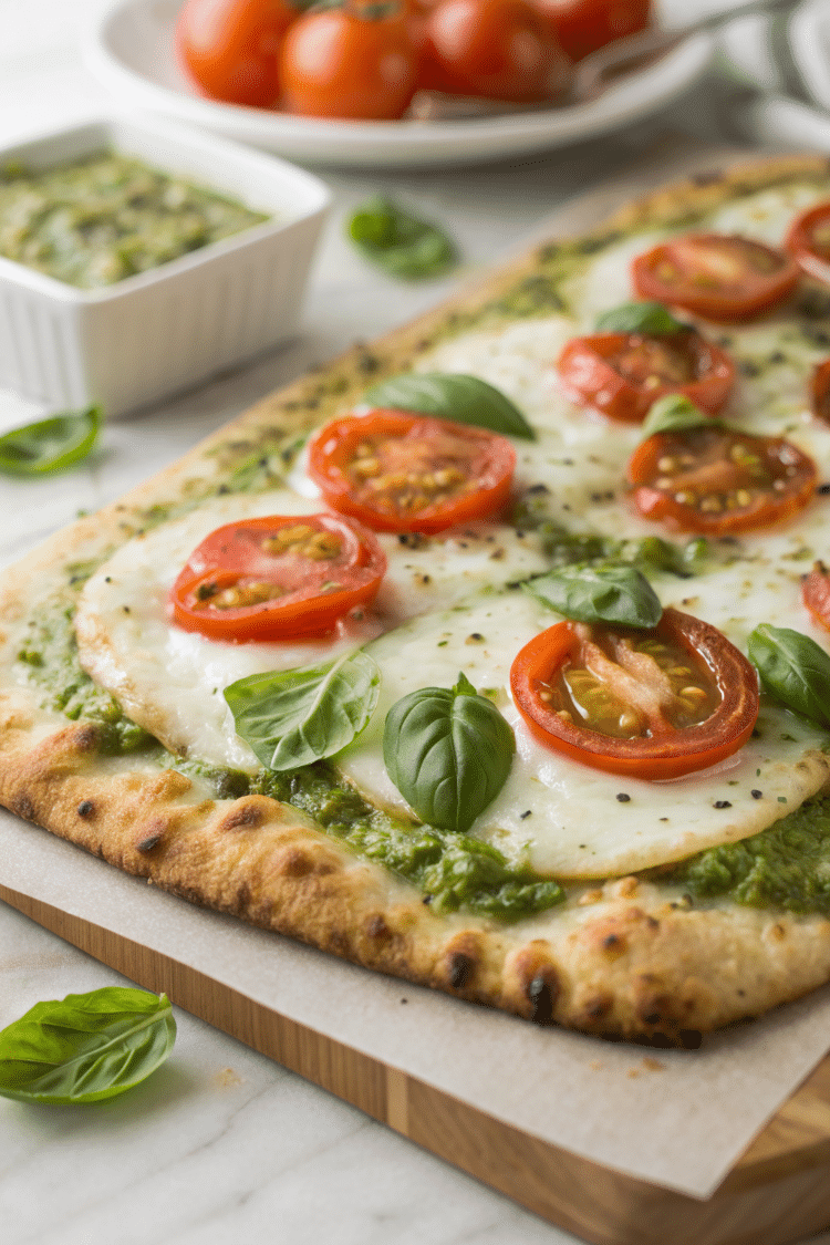 flatbread pesto cheese pizza with tomatoes
