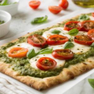 flatbread pesto cheese pizza with sliced tomatoes