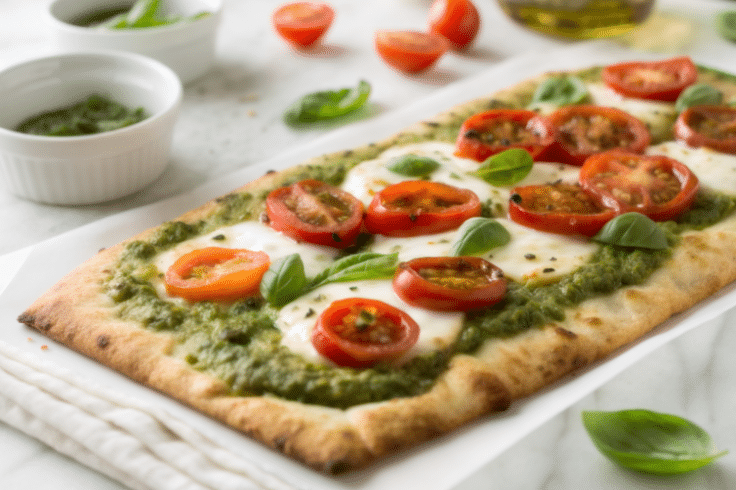 flatbread pesto cheese pizza with sliced tomatoes