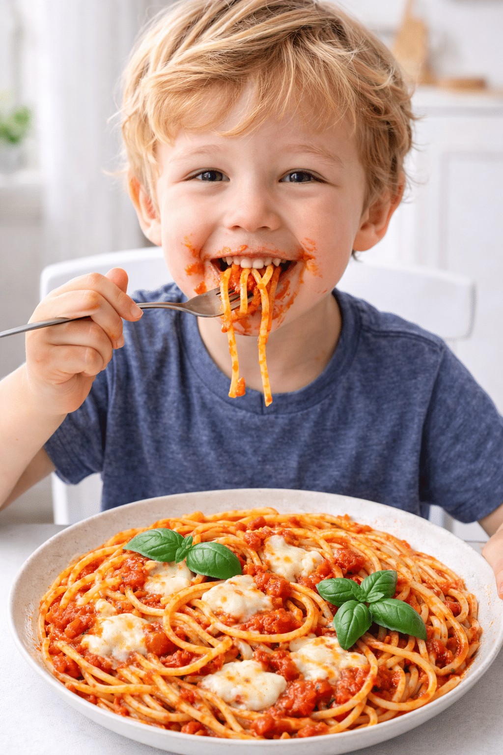 boy eating kid-approved spaghetti recipe