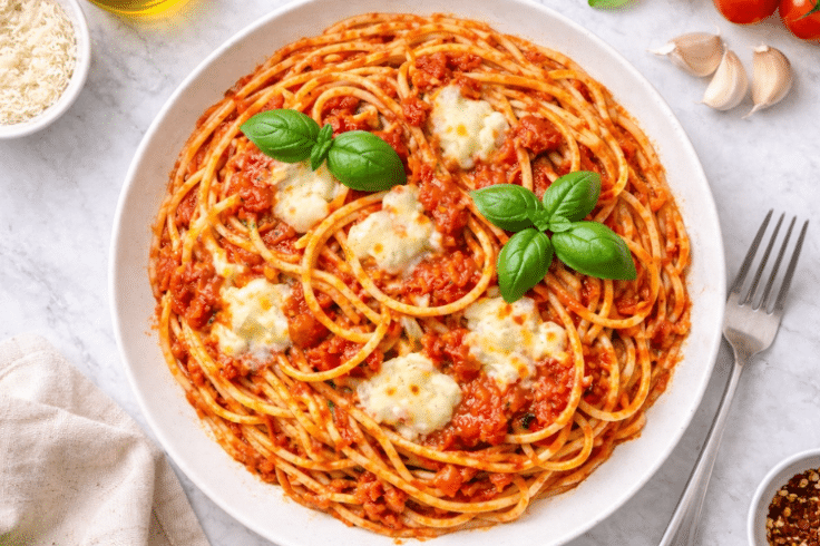 close up image of plated spaghetti with basil garnish