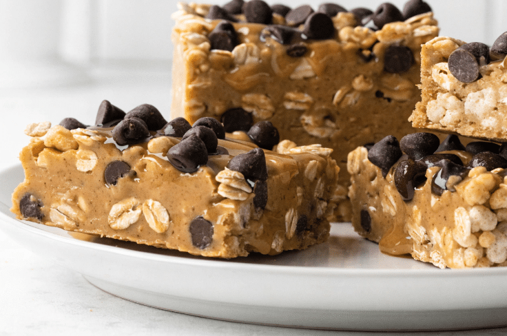 close up of breakfast bars with peanut butter, oats, and chocolate chips