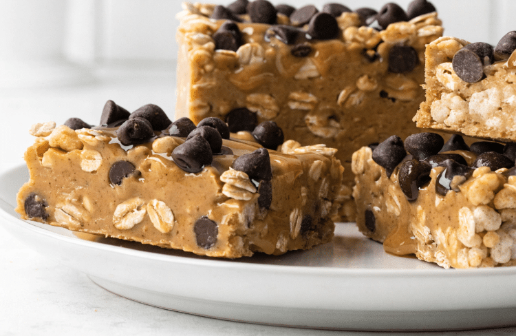 close up of breakfast bars with peanut butter, oats, and chocolate chips