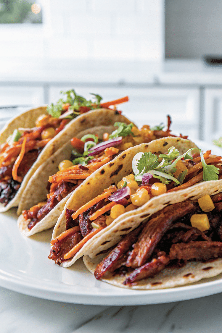 4 tacos on a white plate