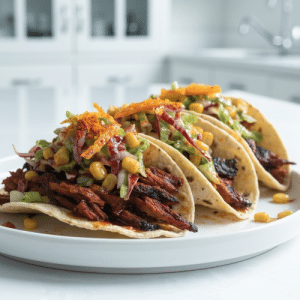 featured close up of jackfruit tacos with citrus corn slaw