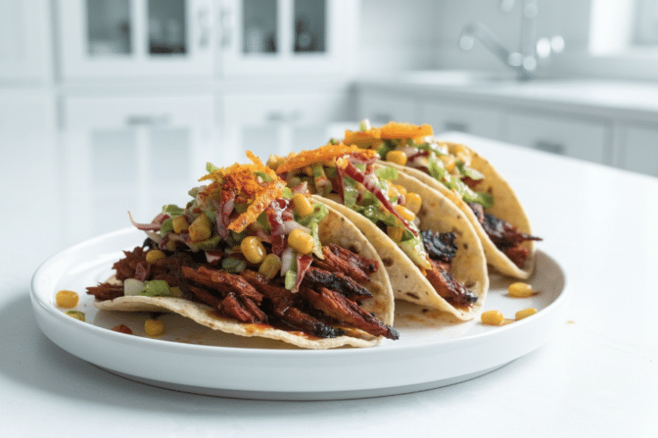 featured close up of jackfruit tacos with citrus corn slaw