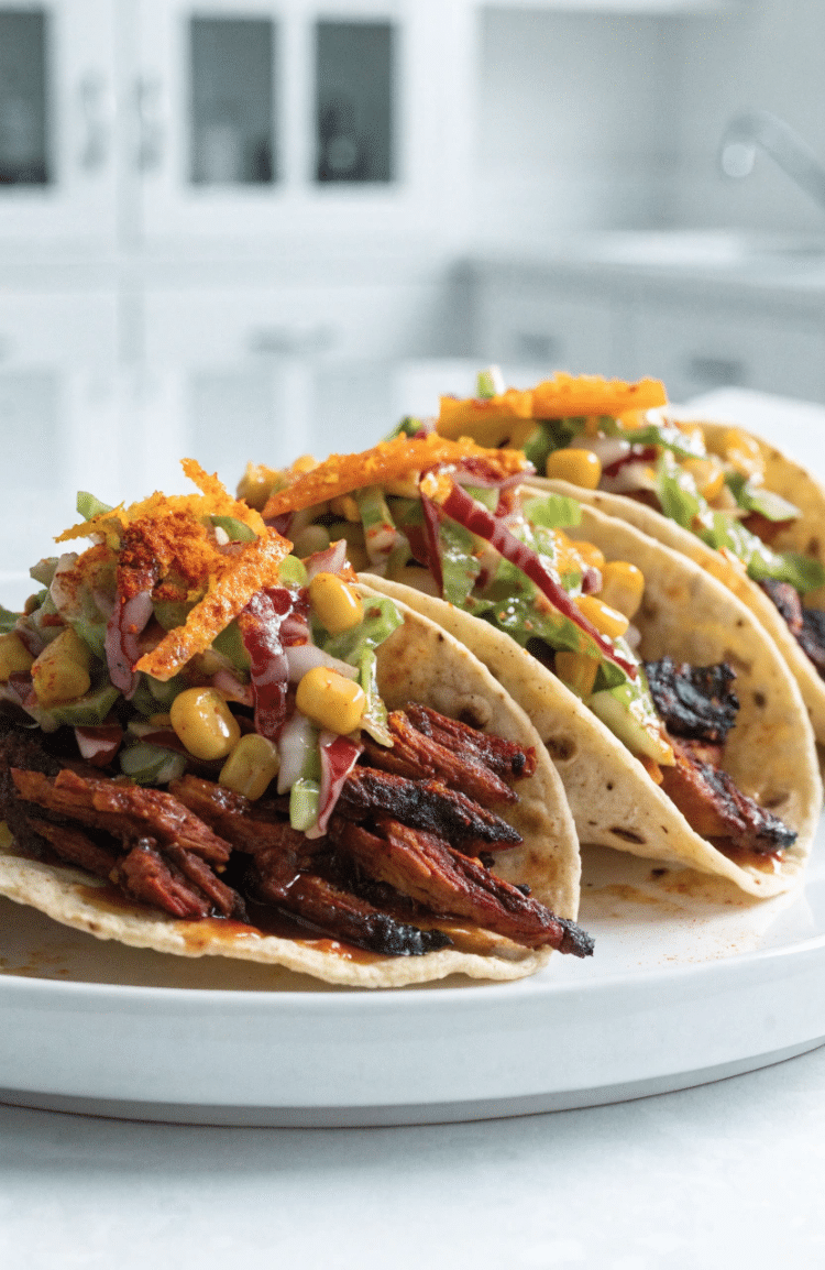 shredded jackfruit tacos with a citrus corn slaw