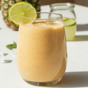 close up image of drink garnished with a lime