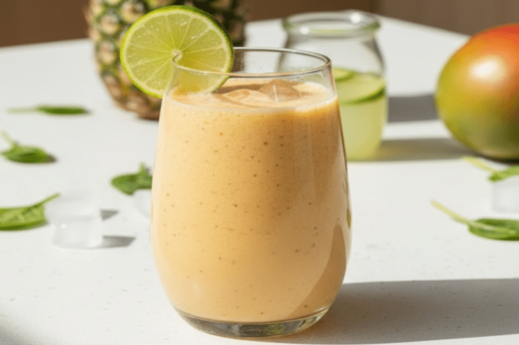 close up image of drink garnished with a lime