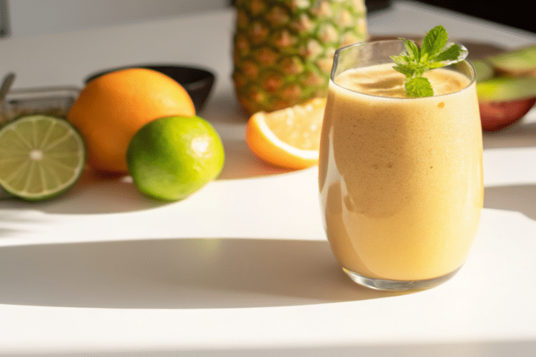 sun shining on smoothie in a glass