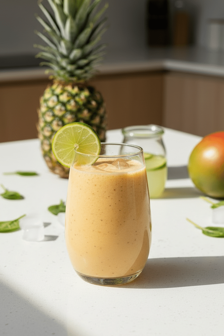 light orange smoothie in a glass that is garnished with lime with the ingredients in the background.