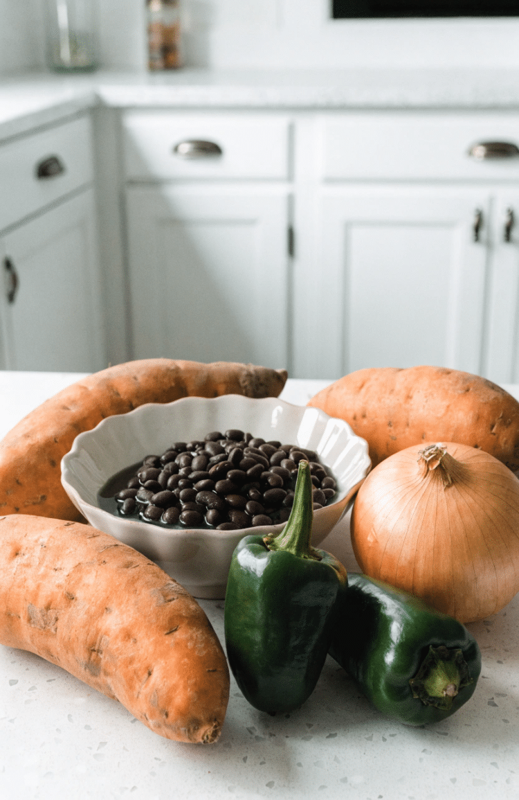 main ingredients for making sweet potato and black bean tacos