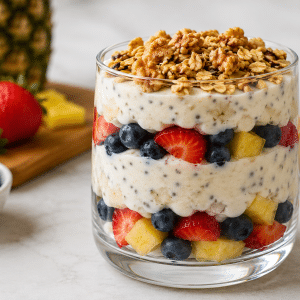 10-Minute Yogurt Parfait for Gut-Health close up with ingredients in background