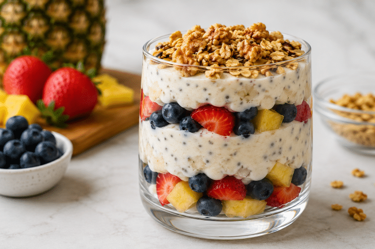 10-Minute Yogurt Parfait for Gut-Health close up with ingredients in background