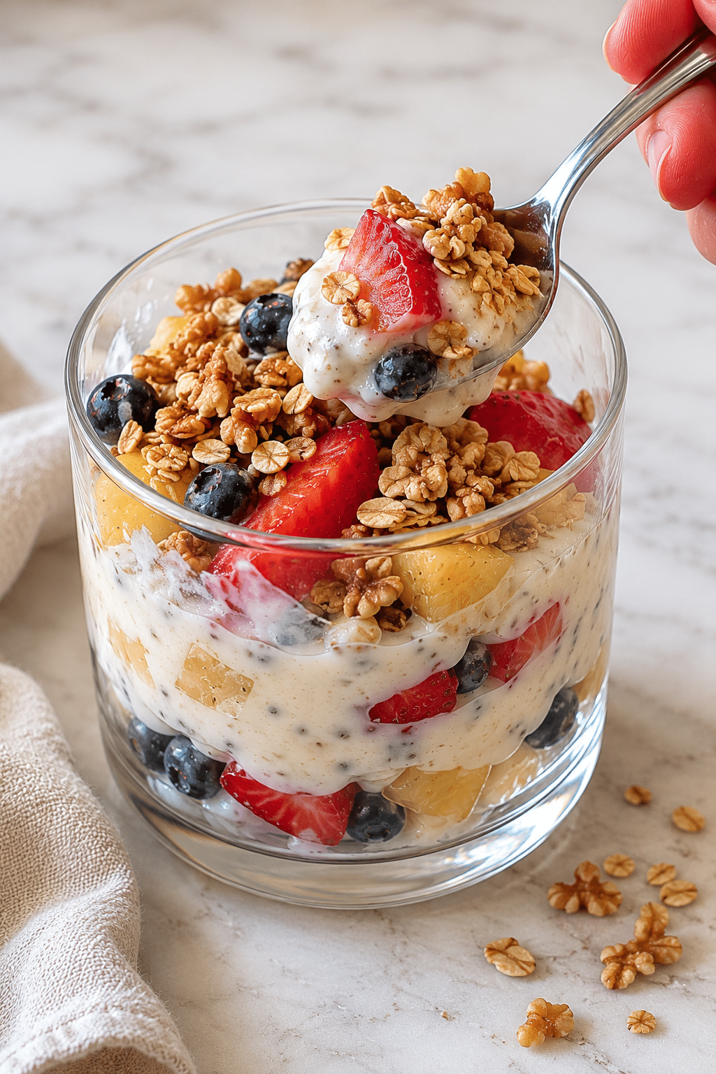 someone scooping yogurt out of the parfait bowl