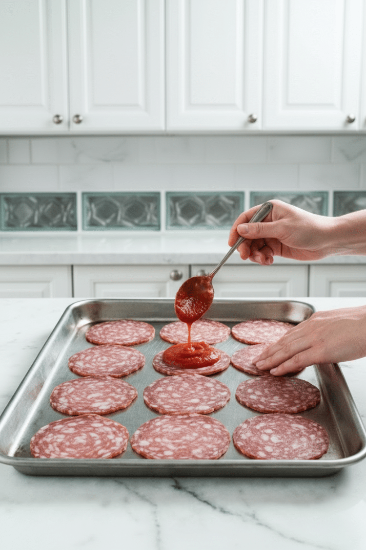 Adding Sauce to salami slices