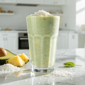Healthy Avocado Piña Colada Smoothie Recipe in a glass topped with shredded coconut and surrounded by leftover ingredients