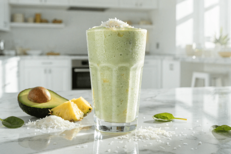Healthy Avocado Piña Colada Smoothie Recipe in a glass topped with shredded coconut and surrounded by leftover ingredients