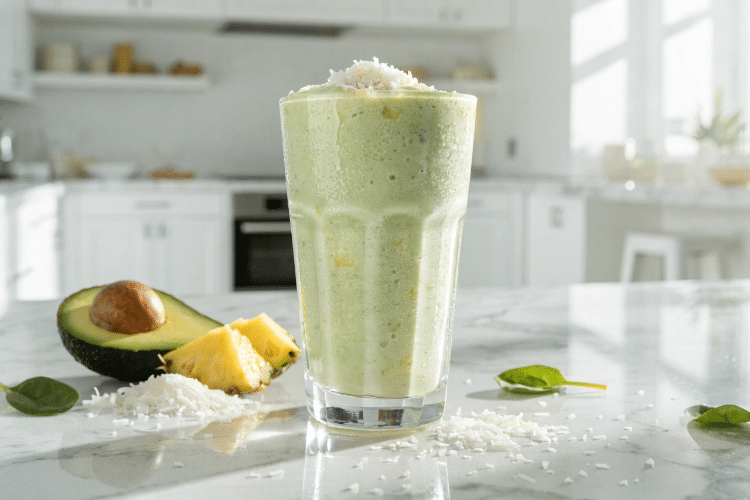 Healthy Avocado Piña Colada Smoothie Recipe in a glass topped with shredded coconut and surrounded by leftover ingredients