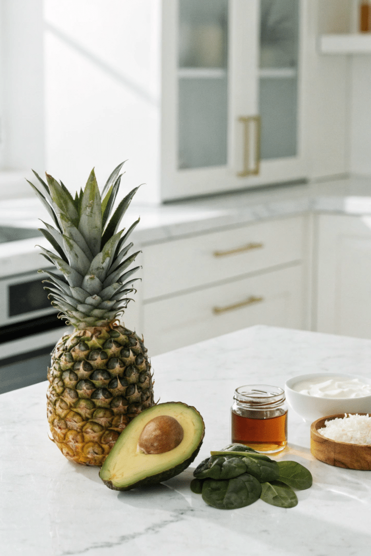 Ingredients needed for making this Healthy Avocado Piña Colada Smoothie Recipe
