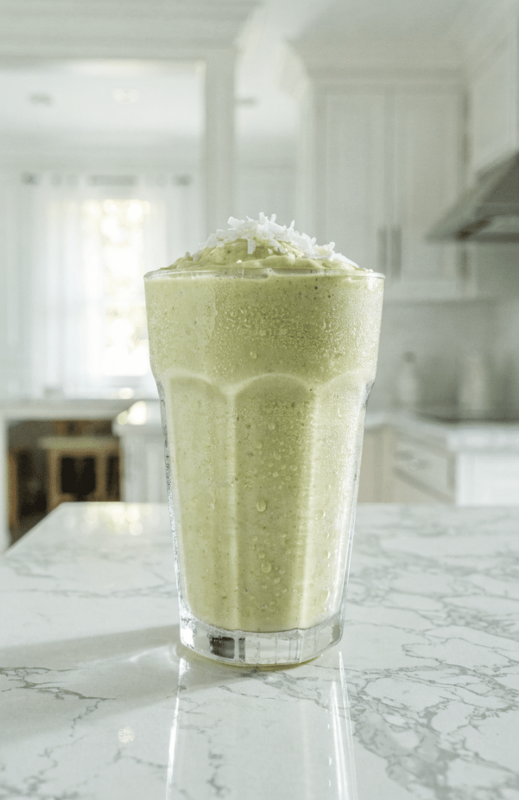 Light green drink in a clear serving glass topped with shredded coconut