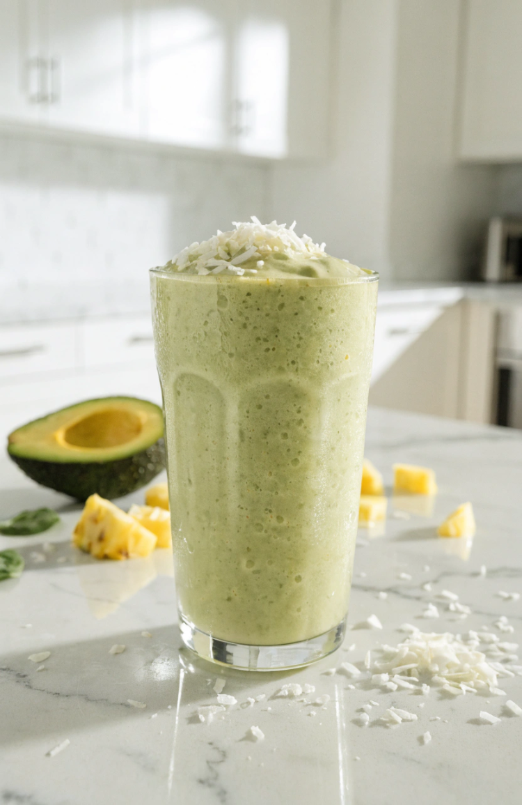 Smoothie in a glass surrounded by leftover ingredients