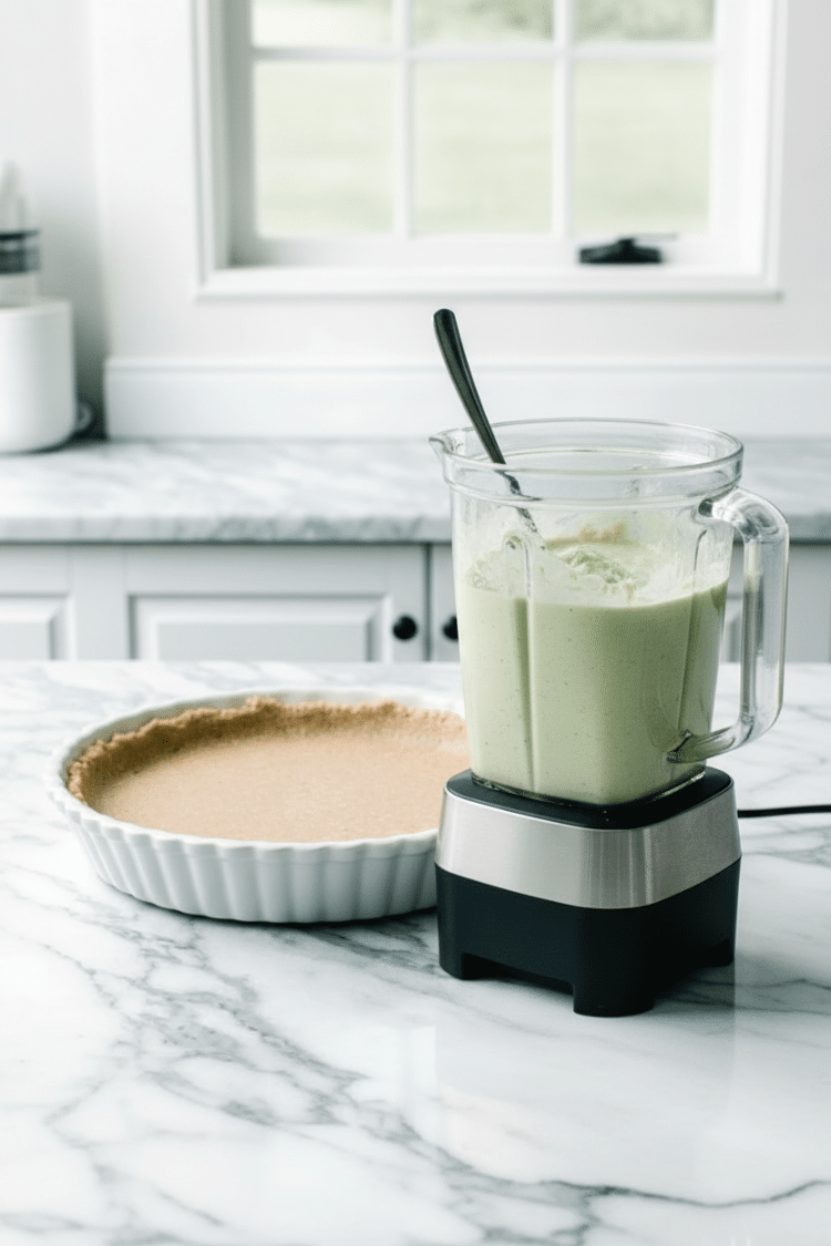 Blended key lime filling next to crust in pie plate