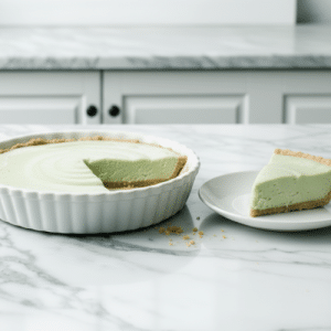 Slice of pie on a white serving dish next to the rest of the pie in a ceramic pie plate.
