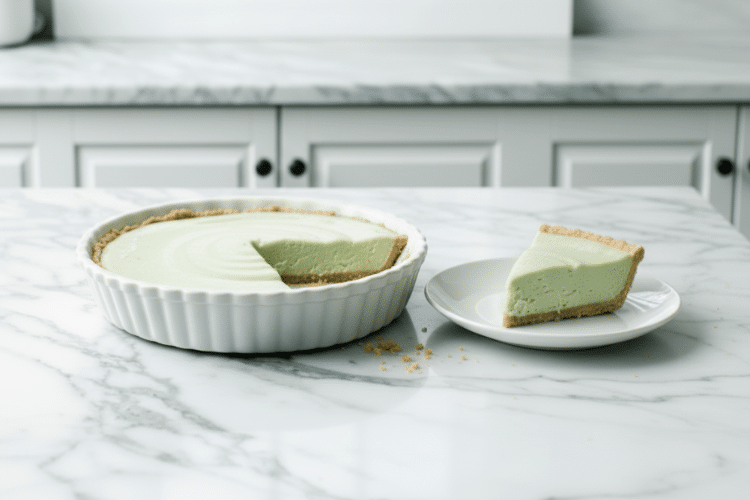 Slice of pie on a white serving dish next to the rest of the pie in a ceramic pie plate.