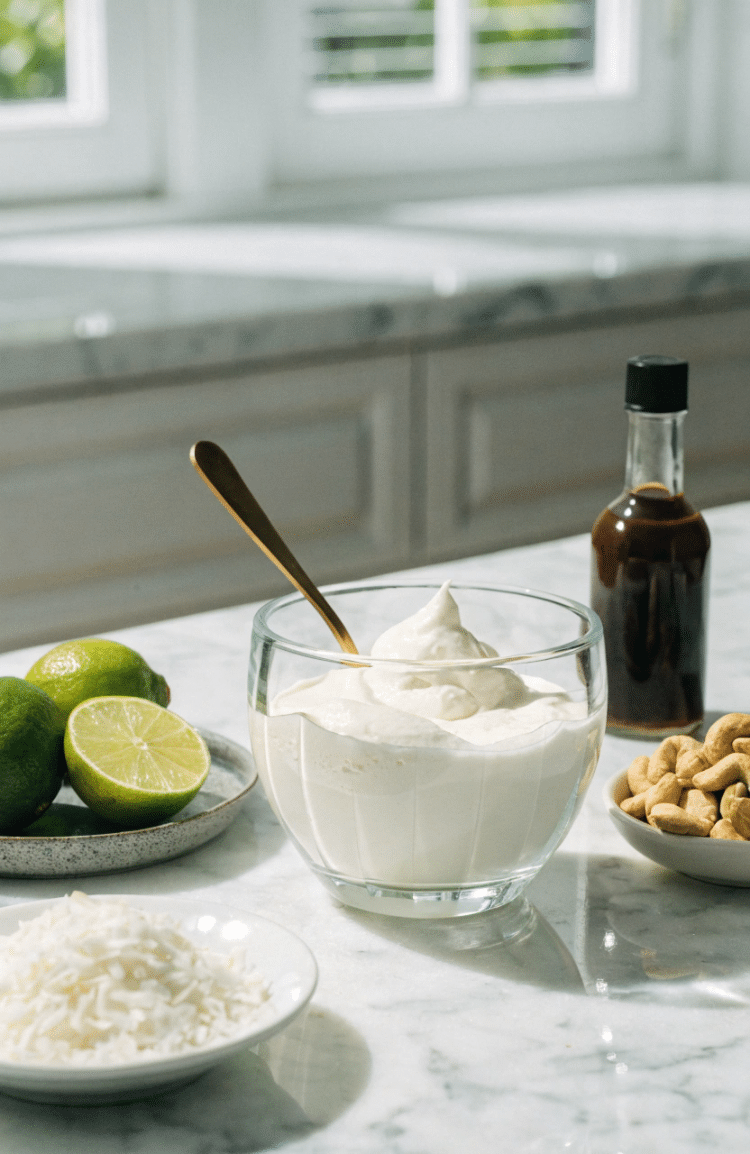 main ingredients for no bake vegan key lime pie on a white counter top