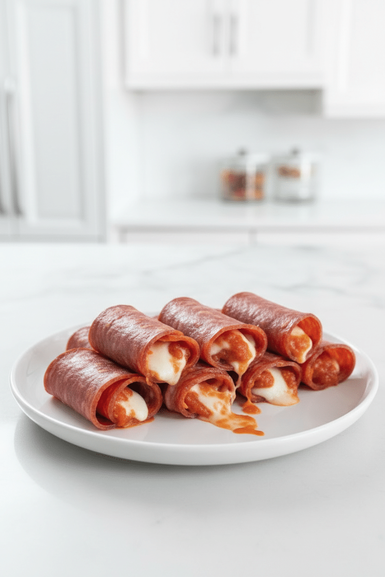 Low Carb Pizza Roll Ups on a white servings plate in a white kitchen
