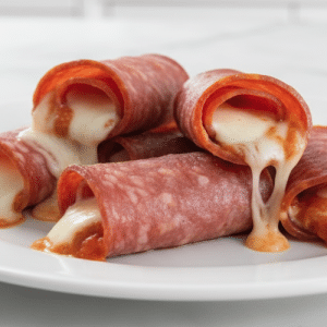 Cheese and sauce oozing out of rolled up salami slices