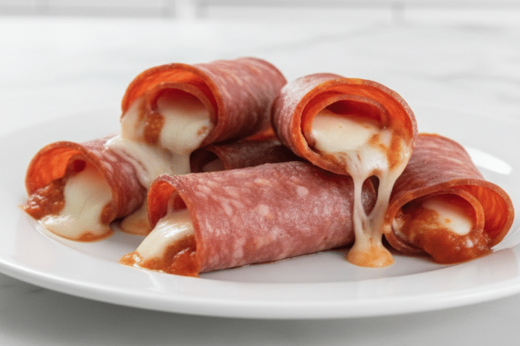 Cheese and sauce oozing out of rolled up salami slices